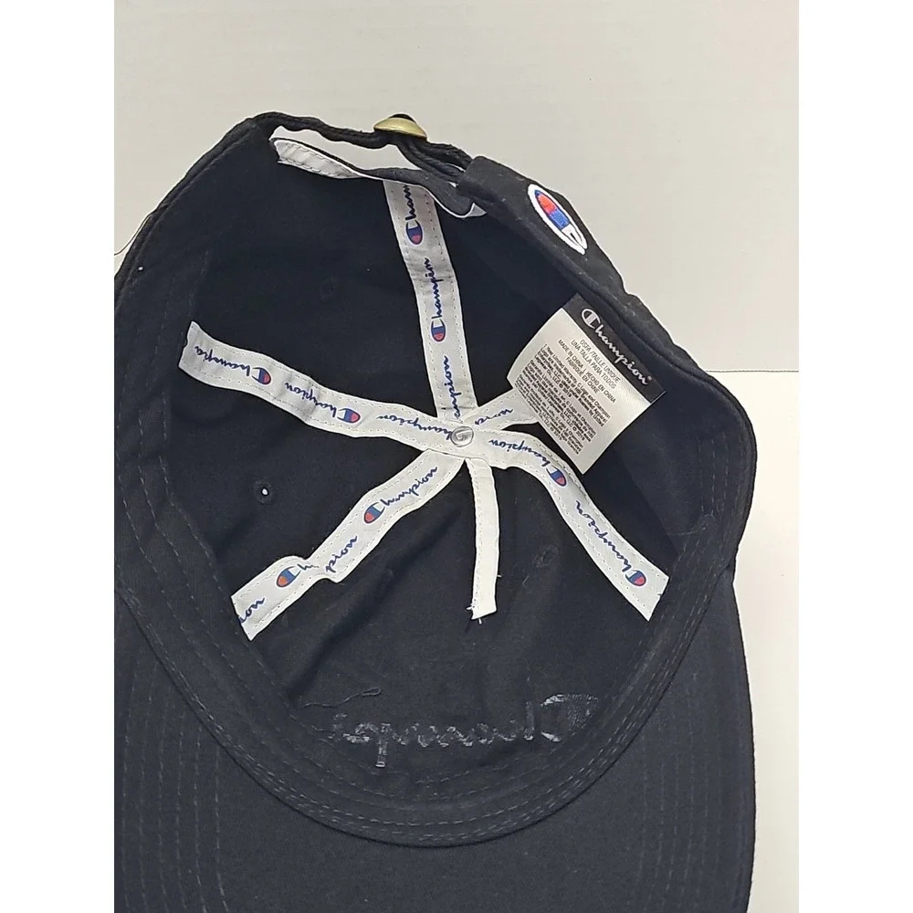 Champion Hat Cap Strap‎ Back Adjustable Spellout Script Logo Baseball Hat Black